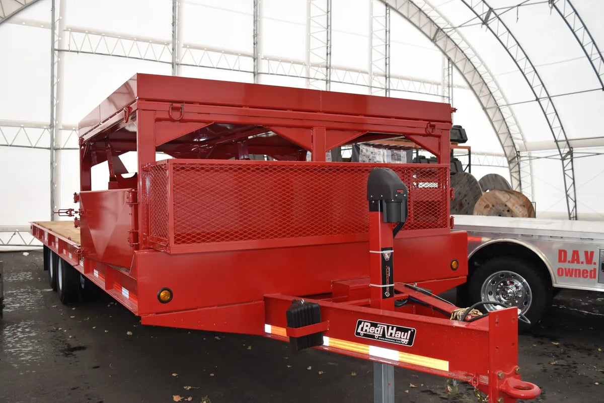 EZ Spot UR Attachment Trailer With Rack | Model EZ-TRL001 | 28' x 8'6" Deck | 25,000 lbs GVWR | 20–30 GPM | 3–5 Tons | For Skid Steer, Compact Track Loaders, Wheel Loaders, Excavators, Mini Excavators, Telehandlers & Backhoes