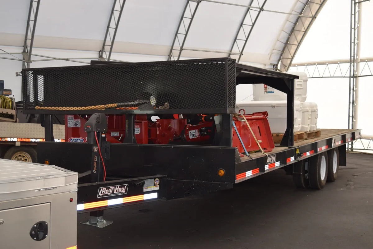 EZ Spot UR Attachment Trailer With Rack | Model EZ-TRL001 | 28' x 8'6" Deck | 25,000 lbs GVWR | 20–30 GPM | 3–5 Tons | For Skid Steer, Compact Track Loaders, Wheel Loaders, Excavators, Mini Excavators, Telehandlers & Backhoes