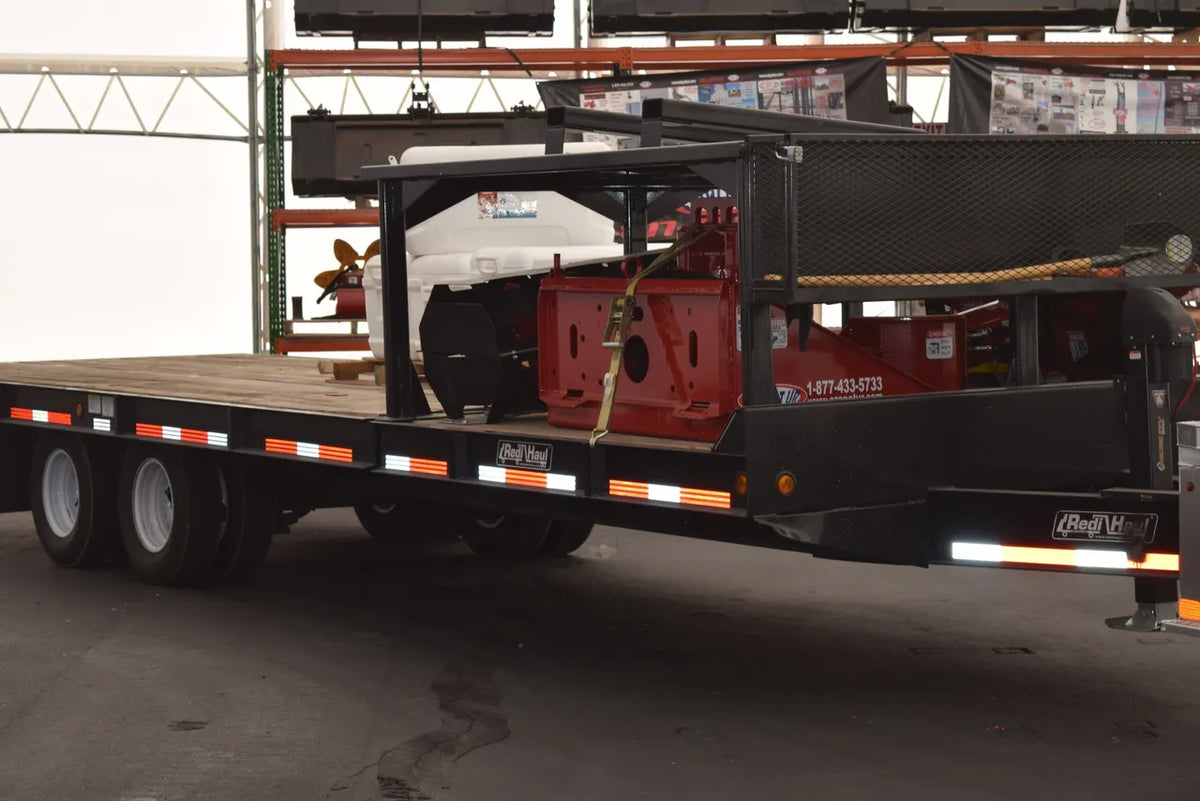 EZ Spot UR Attachment Trailer With Rack | Model EZ-TRL001 | 28' x 8'6" Deck | 25,000 lbs GVWR | 20–30 GPM | 3–5 Tons | For Skid Steer, Compact Track Loaders, Wheel Loaders, Excavators, Mini Excavators, Telehandlers & Backhoes