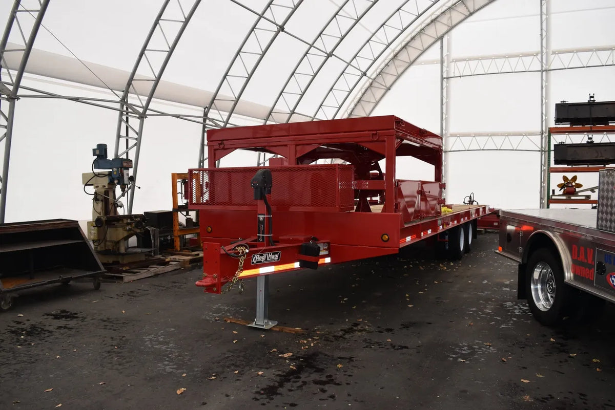 EZ Spot UR Attachment Trailer With Rack | Model EZ-TRL001 | 28' x 8'6" Deck | 25,000 lbs GVWR | 20–30 GPM | 3–5 Tons | For Skid Steer, Compact Track Loaders, Wheel Loaders, Excavators, Mini Excavators, Telehandlers & Backhoes