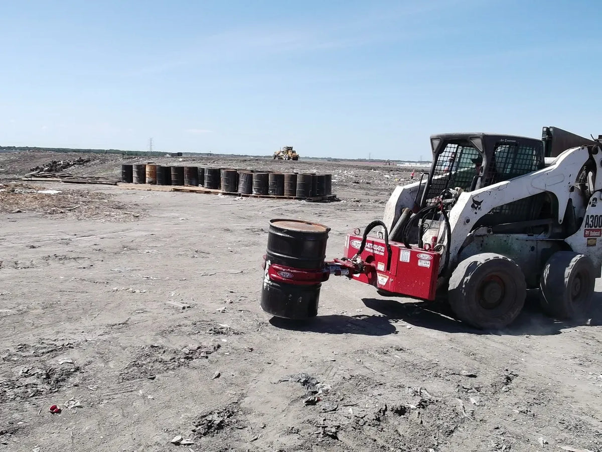 EZ Spot UR Attachment Barrel Handler | Model EZ-0002 | Jaw Opening 21"–39.5" | 20–30 GPM | 3–5 Ton | For Skid Steer, Compact Track Loaders, Wheel Loaders, Excavators, Mini Excavators, Telehandlers & Backhoes