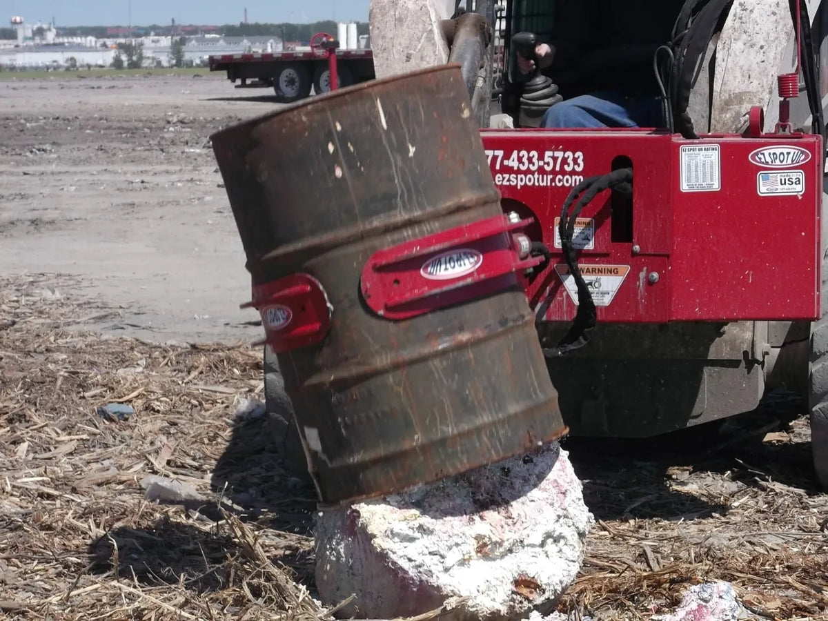 EZ Spot UR Attachment Barrel Handler | Model EZ-0002 | Jaw Opening 21"–39.5" | 20–30 GPM | 3–5 Ton | For Skid Steer, Compact Track Loaders, Wheel Loaders, Excavators, Mini Excavators, Telehandlers & Backhoes