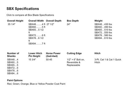 Dirt Dog SBX Series Xtreme Duty Box Blade | 48" to 84" Multiple Working Width | 40-50HP | For Tractor