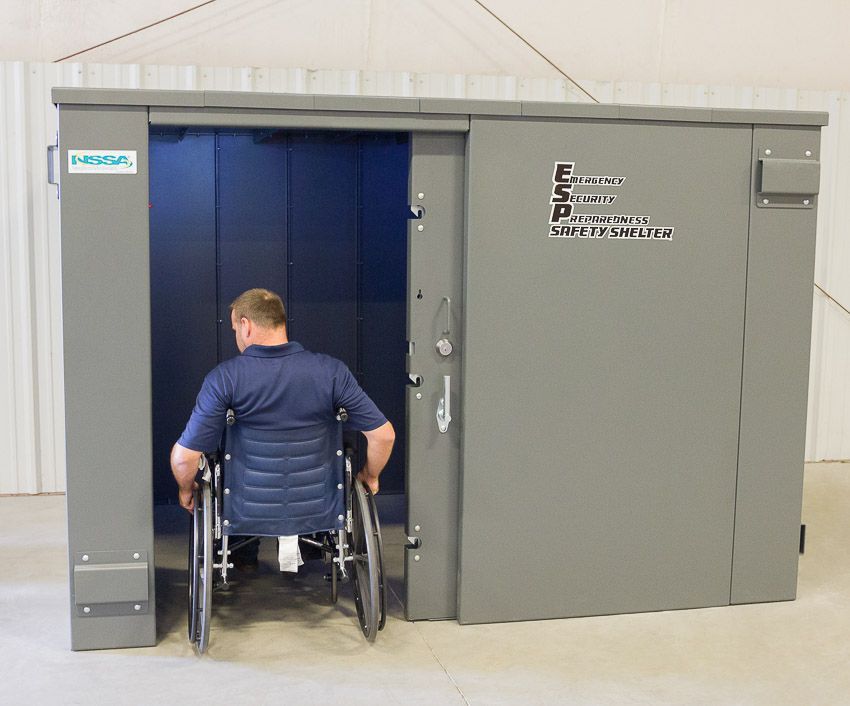 Swisher ESP Wheelchair Accessible Safety Shelter | Model SR114X84G | 117" External Length | EF5 Tornado Protection | Up to 20-Person Capacity | FEMA & NSSA Certified Safe Room