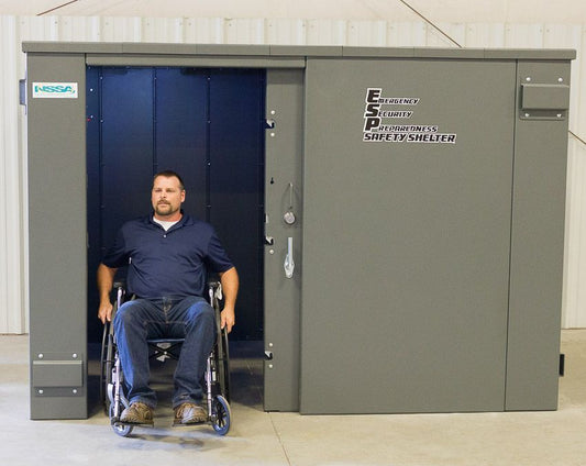 Swisher ESP Wheelchair Accessible Safety Shelter | Model SR114X84G | 117" External Length | EF5 Tornado Protection | Up to 20-Person Capacity | FEMA & NSSA Certified Safe Room
