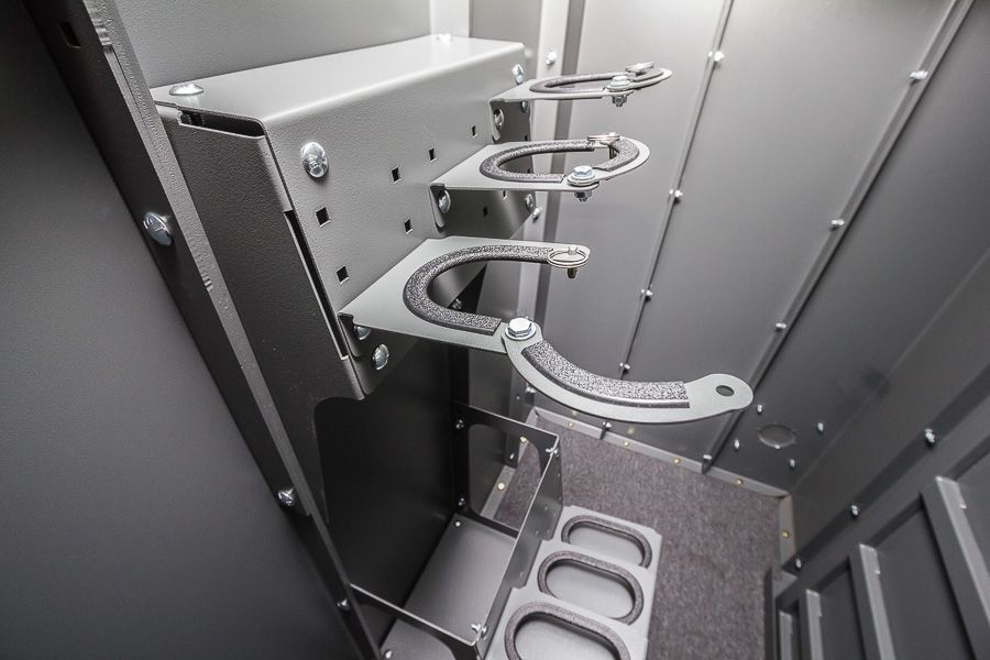 Swisher ESP Safety Shelter Accessories | Large & Small Shelves + Bench + Deluxe & Standard Gun Racks | Bolt-On Steel Construction | Customizable Placement | For All Swisher ESP Shelters