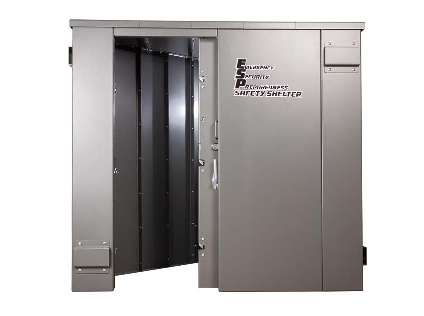 Swisher ESP Corner Safety Shelter | Model SRCS84X62G | 84" External Length | EF5 Tornado-Grade Steel Safe Room | Up to 6-Person Capacity | Indoor Installation Security Shelter