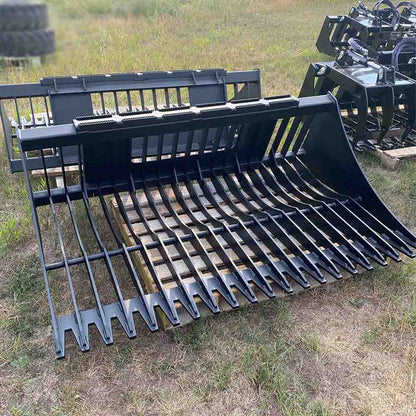 Top Dog Attachments Heavy Duty Rock Bucket | Width 62" to 82" | Weight 530 to 660 lbs | Oil Flow Range 15 to 25 GPM | For Skid Steer