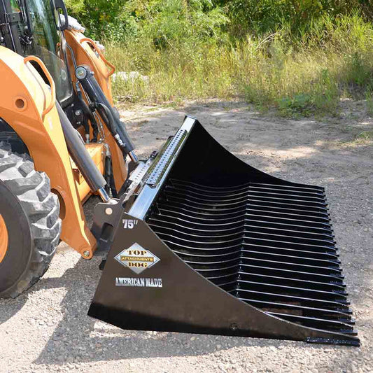 Top Dog Attachments Rock Bucket | Width 62" to 82" | Weight 530 to 660 lbs | Oil Flow Range 15 to 25 GPM | For Skid Steer