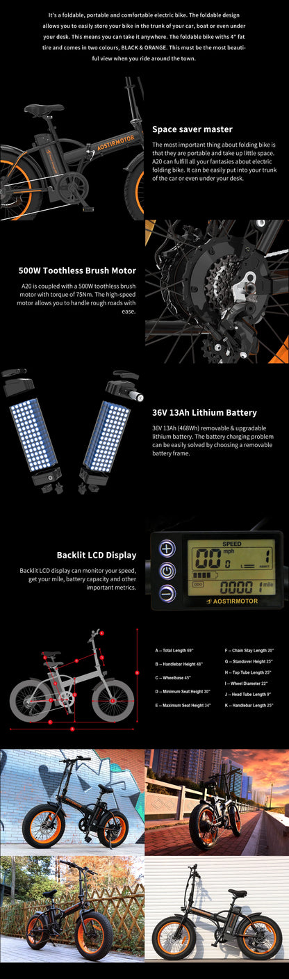 Aostirmotor Fat Tire Folding Electric Bike A20 | 500w Rear Hub Motor | 36V 13Ah Battery