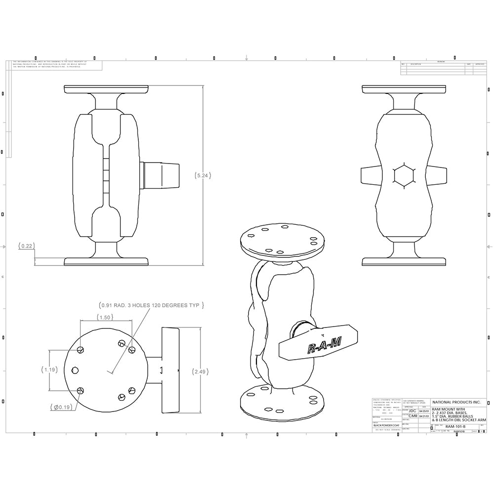 RAM Mount 1.5" Ball Mount w/Short Double Socket Arm & 2/2.5" Round Bases [RAM-101U-B]