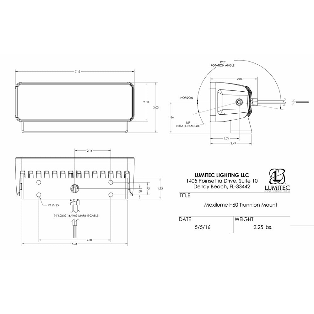 Lumitec Maxillume h60 - Trunnion Mount Flood Light - White Dimming - Black Housing [101335]