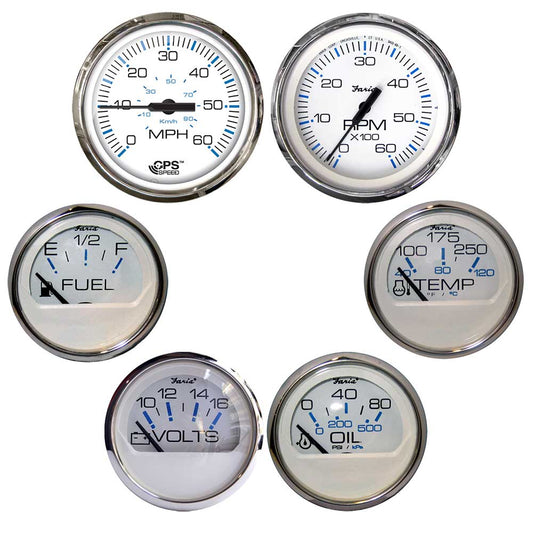 Faria Chesapeake White w/Stainless Steel Bezel Boxed Set of 6 - Speed, Tach, Fuel Level, Voltmeter, Water Temperature  Oil PSI - Inboard Motors [KTF063]