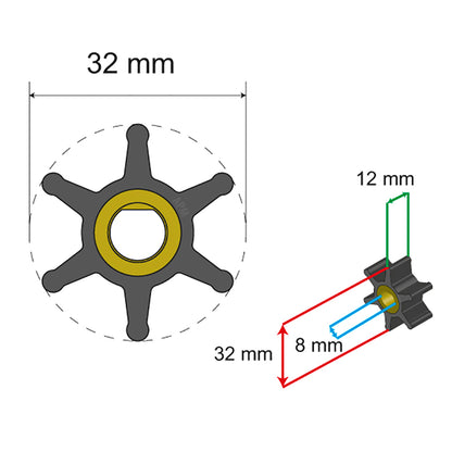 Albin Group Premium Impeller Kit - 32 x 8 x 12mm - 6 Blade - Single Flat Insert [06-01-001]