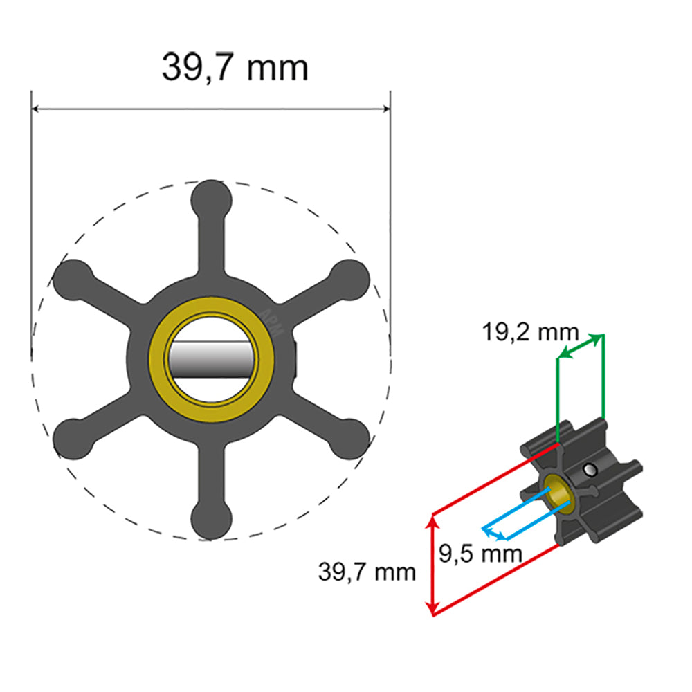 Albin Group Premium Impeller Kit - 39.7 x 9.5 x 19.2mm - 6 Blade - Pin Insert [06-01-003]