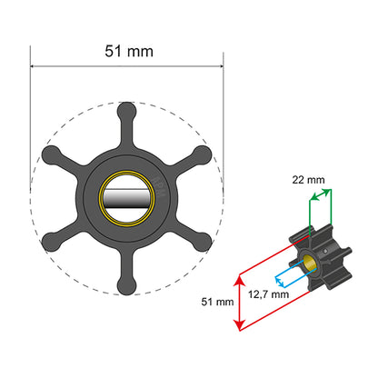 Albin Group Premium Impeller Kit - 51 x 22 x 12.7mm - 6 Blade - Pin Insert [06-01-006]