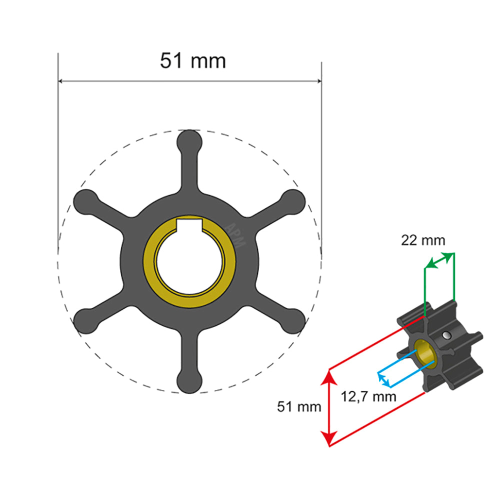 Albin Group Premium Impeller Kit - 51 x 12.7 x 22mm - 6 Blade - Key Insert [06-01-007]