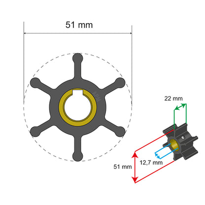 Albin Group Premium Impeller Kit - 51 x 12.7 x 22mm - 6 Blade - Key Insert [06-01-007]