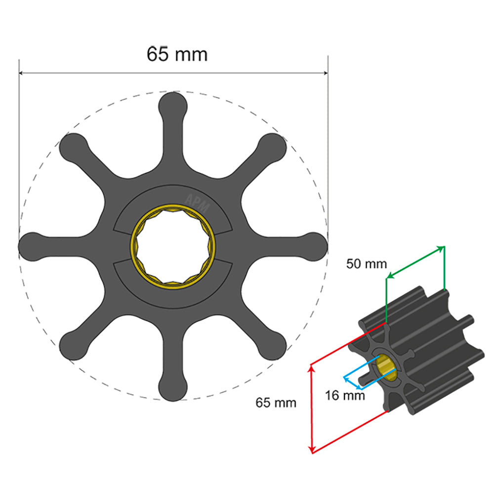 Albin Group Premium Impeller Kit 65 x 16 x 50mm - 8 Blade - Spline Insert [06-01-021]